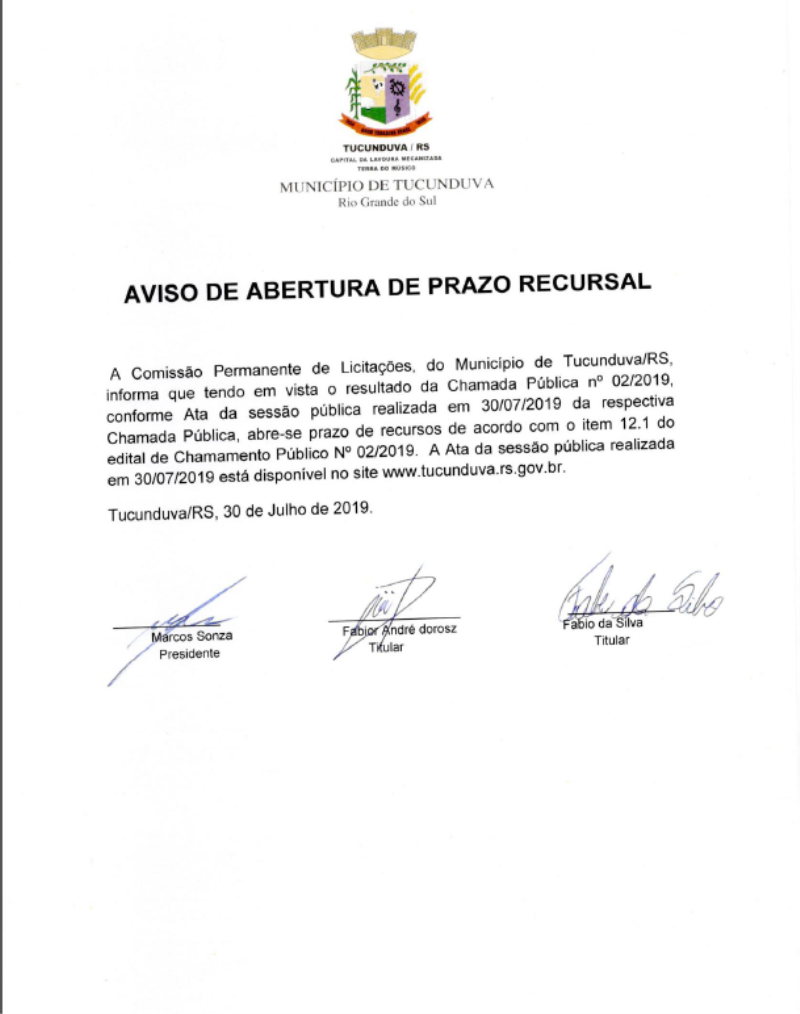 AVISO DE ABERTURA DE PRAZO RECURSAL CHP 02/2019